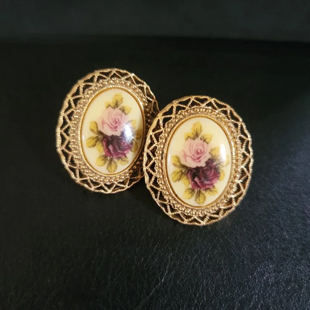 Vintage 1928 Floral Filigree & Heart Faux Pearl Drop Earrings  Cottagecore